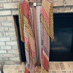CAbi Mixed Print Long Open-Front Duster in Yellow, Red, Brown